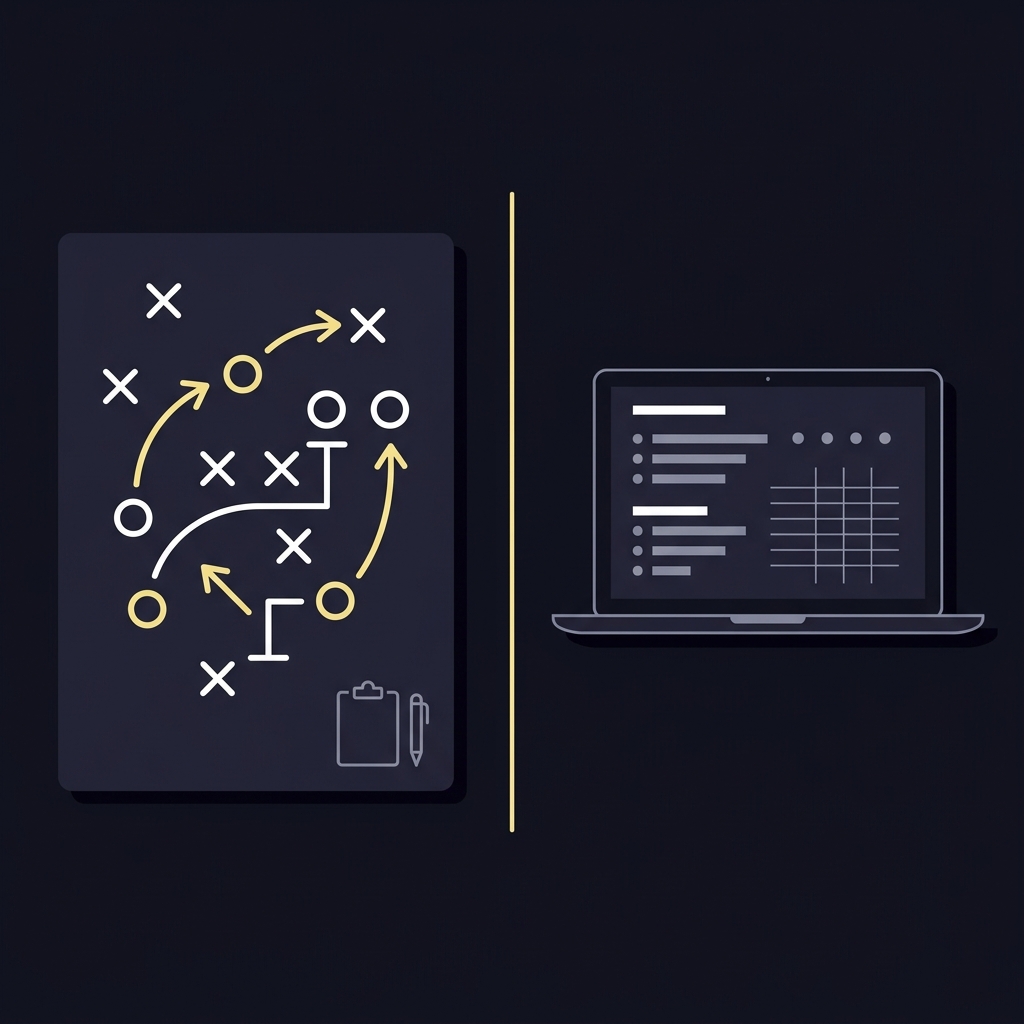 Minimal 2D vector split illustration of a coaching whiteboard and a laptop displaying simplified power rating tables in Funded Plays colors illustrating How College Basketball Spreads Work
