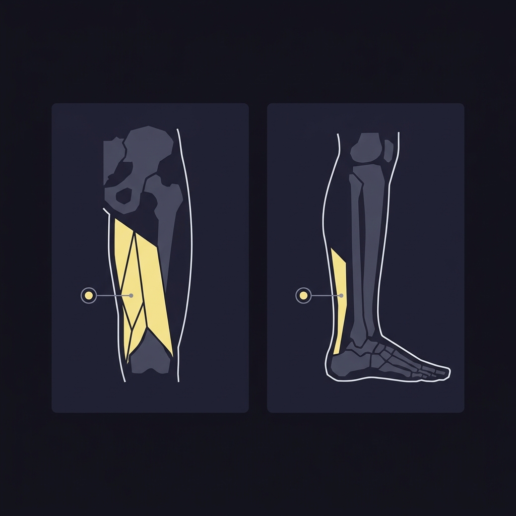 Minimalist 2D vector comparison of hamstring location and Achilles tendon on side by side leg schematics highlighted in accent color on dark Funded Plays style background for medical reference nba injuries today
