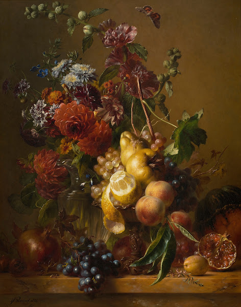 A Still Life with Dahlias Hollyhocks and Other Flowers in a Glass Vase 1851