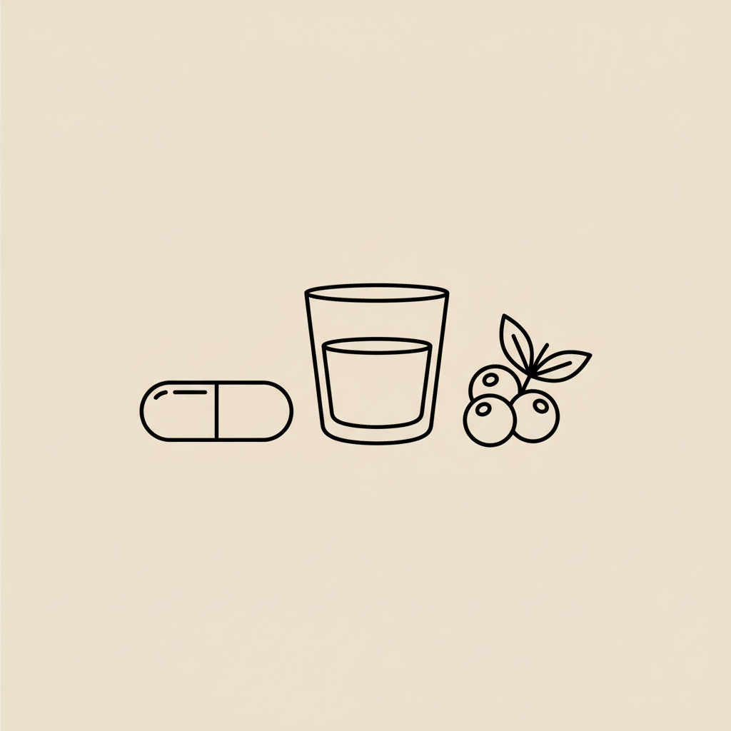 Minimal Tonum-style line illustration of a capsule, a water glass, and a small berry cluster on beige background — visual for ozempic price without insurance