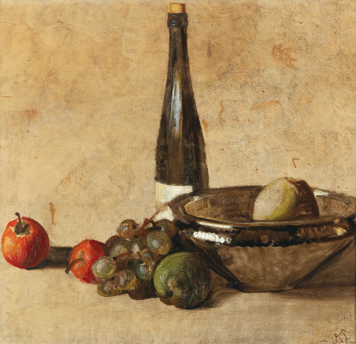 Still life with wine bottle and fruit