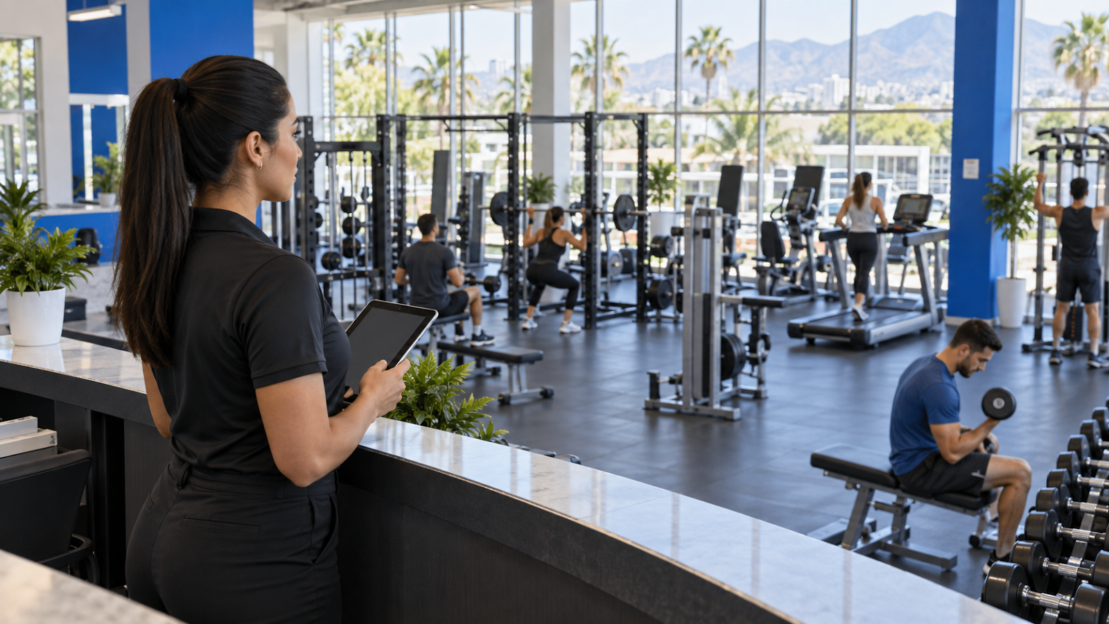 Administradora con una tableta observando la actividad del gimnasio desde recepción.