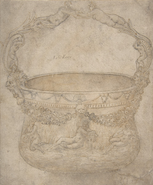 Design for a Bucket Like Vessel with a Handle of Interlaced Figures on a Body Ad