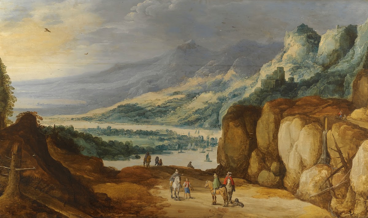 An Extensive Mountainous River Landscape With Horsemen Conversing On A Raised Pl