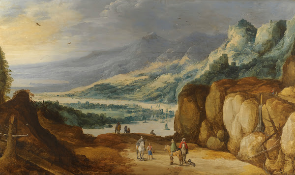 An Extensive Mountainous River Landscape With Horsemen Conversing On A Raised Pl