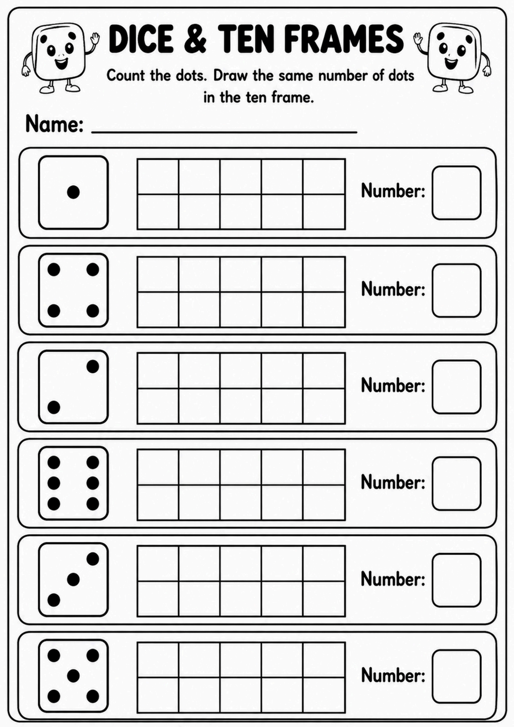 Dice and Ten Frames Math Worksheet