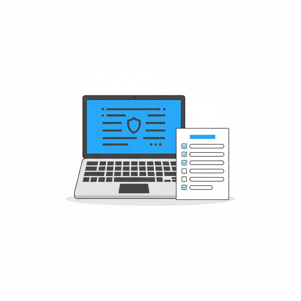 Minimalist 2D vector of a laptop showing a stylized vehicle history report next to a printed inspection checklist on a white table in CarFax Deals brand colors used toyota highlander for sale
