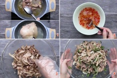 Luộc lòng gà và đùi gà với gừng. Sau đó xé nhỏ đùi gà. Trộn lòng gà, thịt gà đã xé sợi vào 1 cái tô lớn, thêm vào 7g muối, 15g đường, 7g bột ngọt, 1g tiêu, 2 muỗng canh nước mắm, nước cốt 1 trái chanh rồi trộn đều. Thêm vào 1 củ hành tây cắt khoanh mỏng, một ít rau răm cắt nhỏ vào và trộn đều. Pha nước mắm ăn kèm: 50g đường, 2 muỗng canh nước mắm, 100ml nước lọc, thêm tỏi băm và ớt băm tuỳ thích.