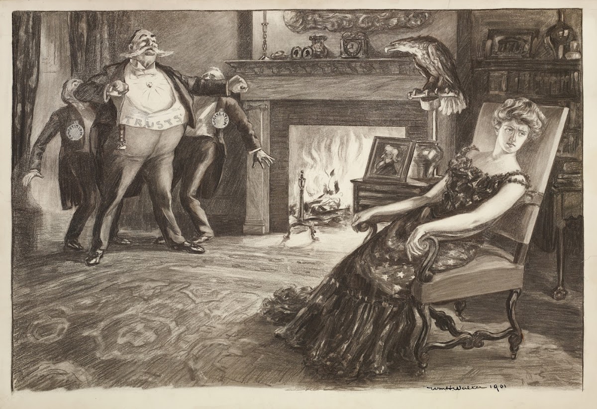A fat man representing the Trusts pushes aside men representing competition and