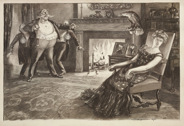 A fat man representing the Trusts pushes aside men representing competition and