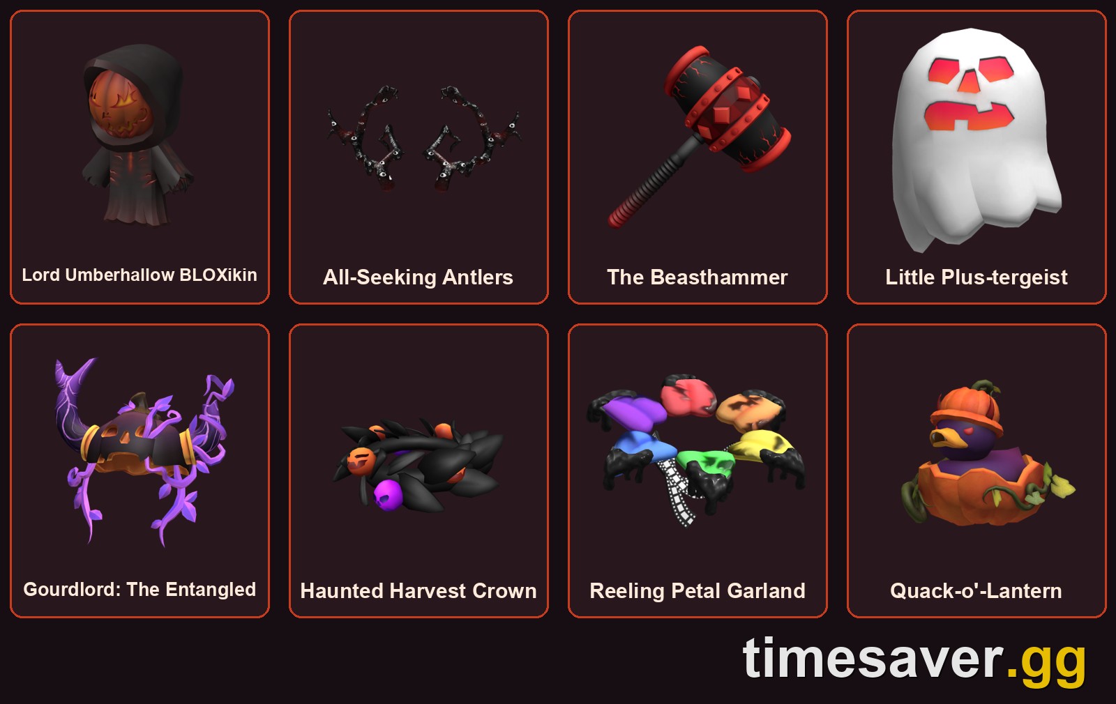 Official Roblox catalog renders of eight The Hollow rewards including Lord Umberhallow BLOXikin, All-Seeking Antlers, The Beasthammer and Gourdlord: The Entangled
