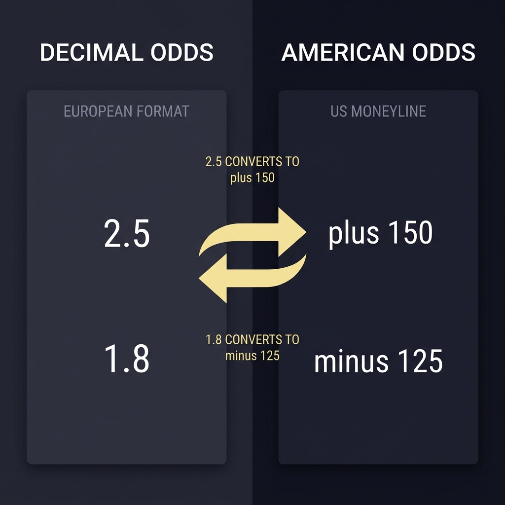 Minimalist full frame split screen showing decimal odds and American odds with conversion arrows and simple math annotations The Complete Beginners Glossary of Sports Trading Terms