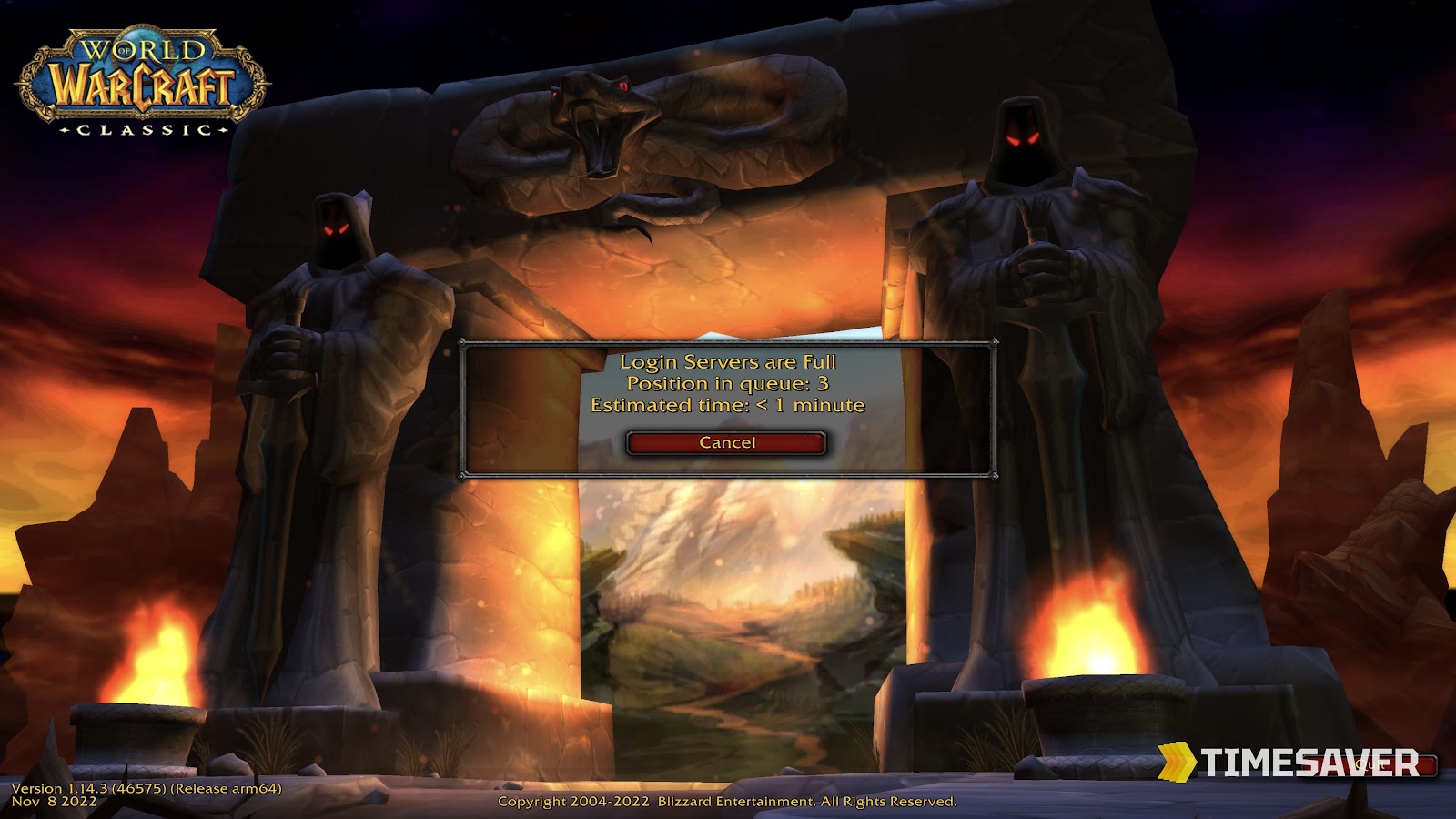 World of Warcraft Classic login screen showing a full-server queue on launch day
