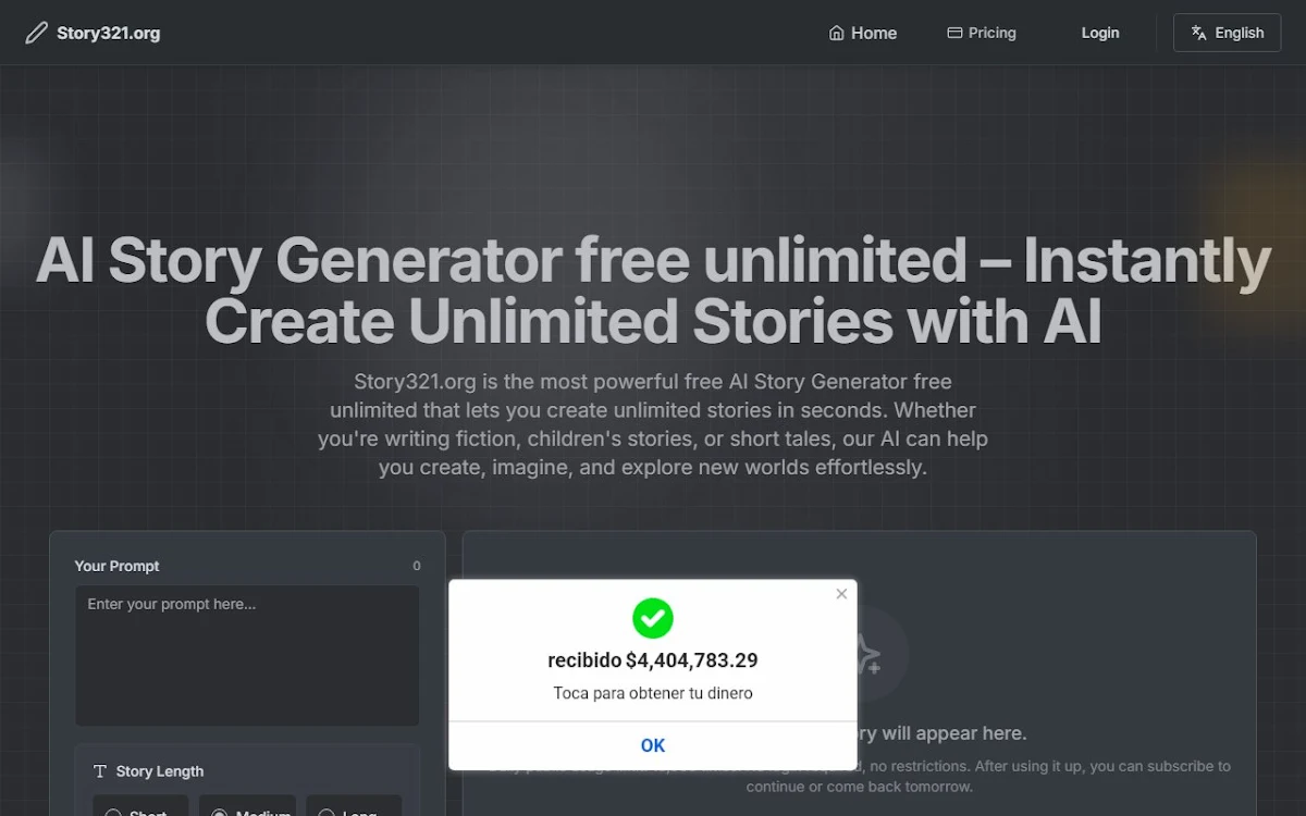 Captura de Story321 AI story generator