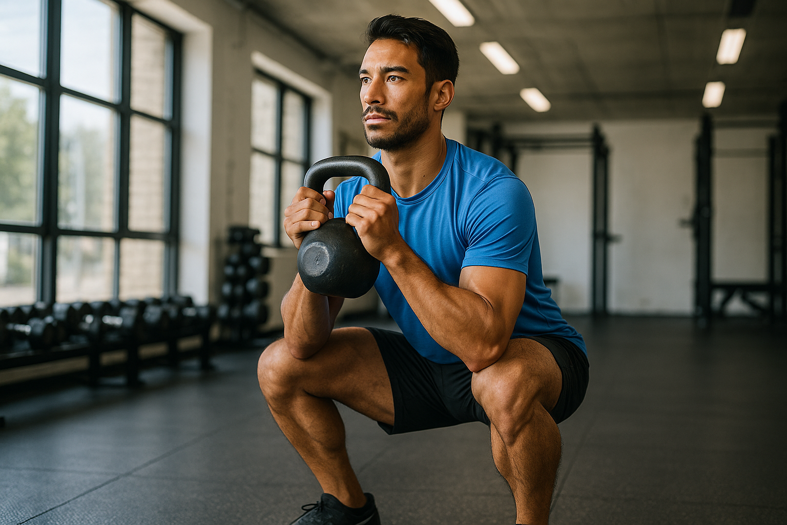 Corredor entrenando fuerza con mancuernas