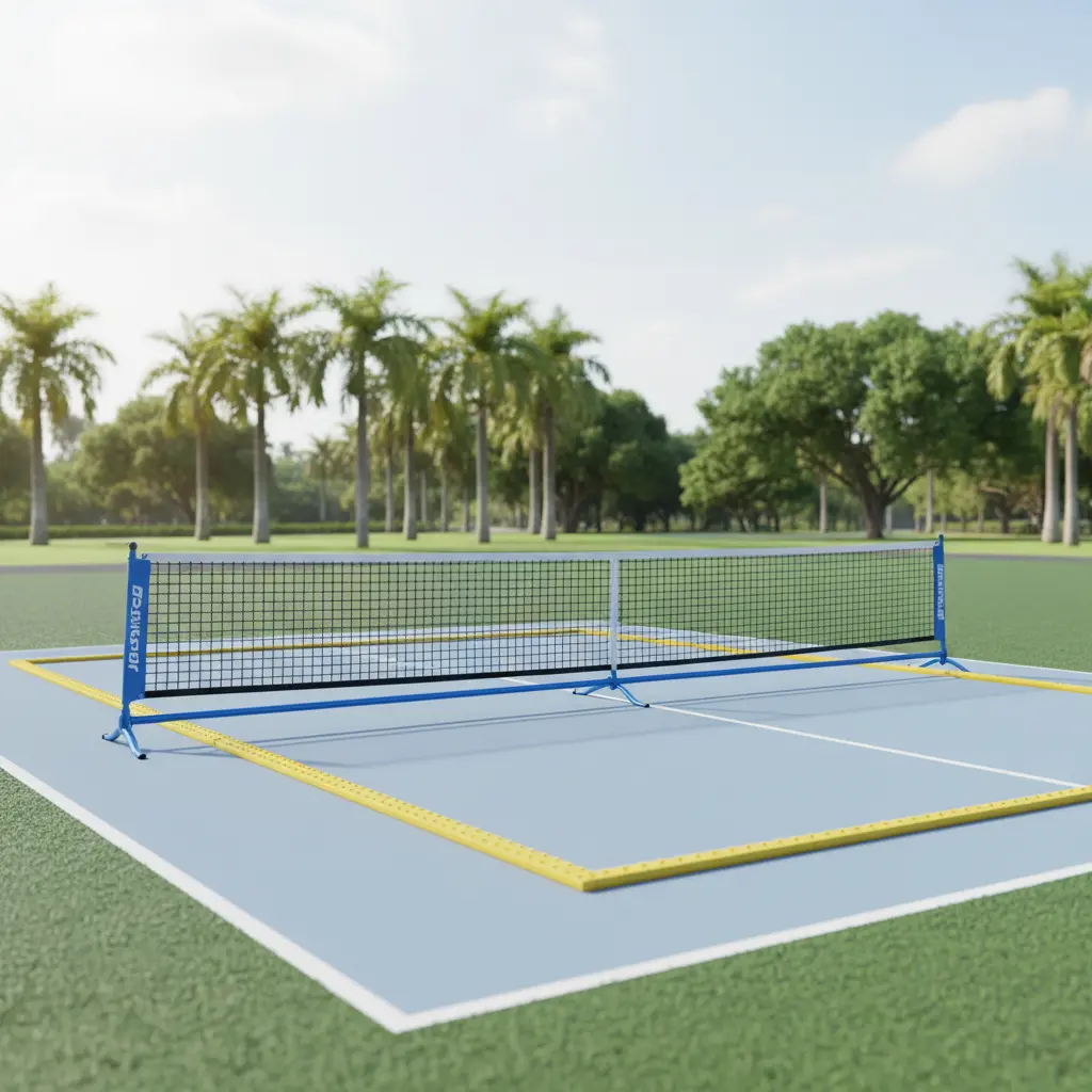 Net pickleball portabel dan penanda garis lapangan