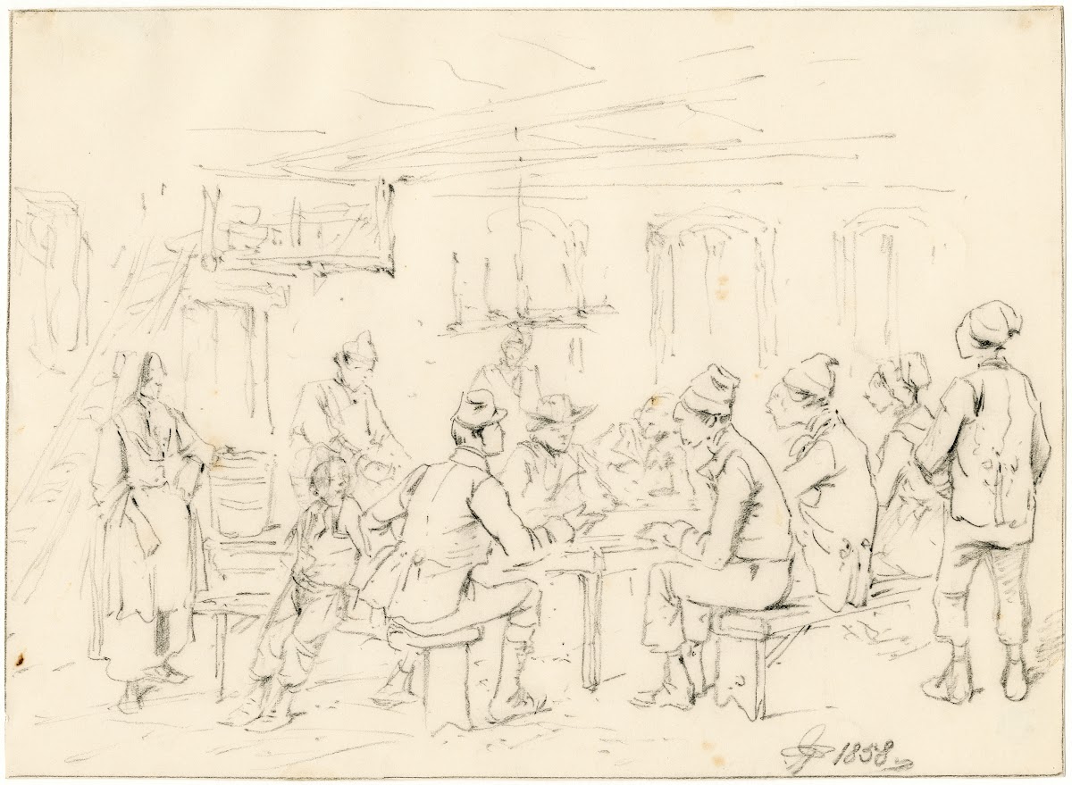Interieur van een Franse herberg met vertellende soldaat 1858
