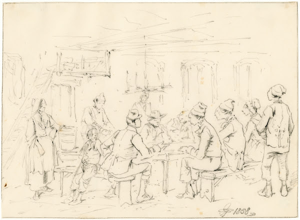 Interieur van een Franse herberg met vertellende soldaat 1858