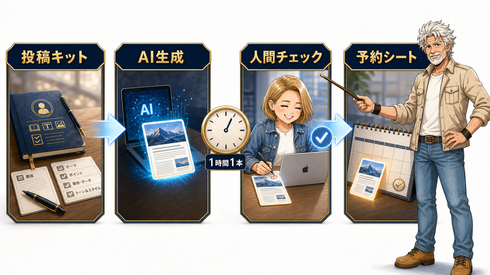 ジョセGが投稿キット、AI生成、人間チェック、予約シートの流れを示す