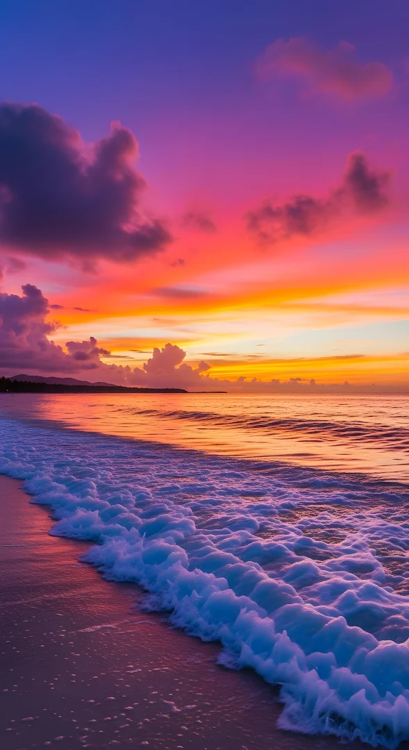 Tropical Beach Sunset with Neon Pink and Orange Sky