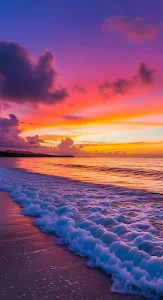 Tropical Beach Sunset with Neon Pink and Orange Sky