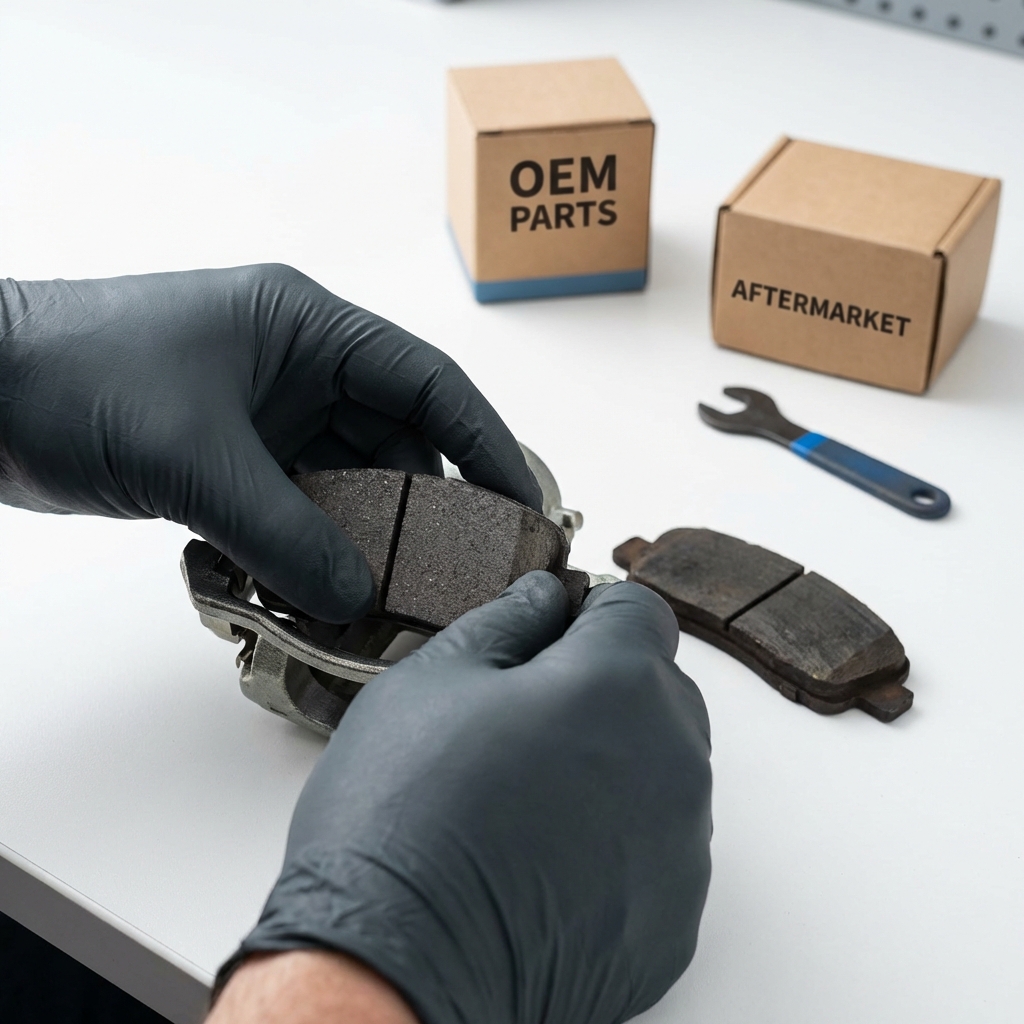 Close up of technician hands swapping a brake pad on a white workbench with labeled OEM and aftermarket boxes visible car auto dealers near me