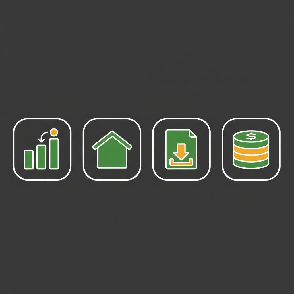 Minimalist 2D vector icons showing stock dividend house downloadable file and coin stack representing diversified income streams best ways to earn passive income