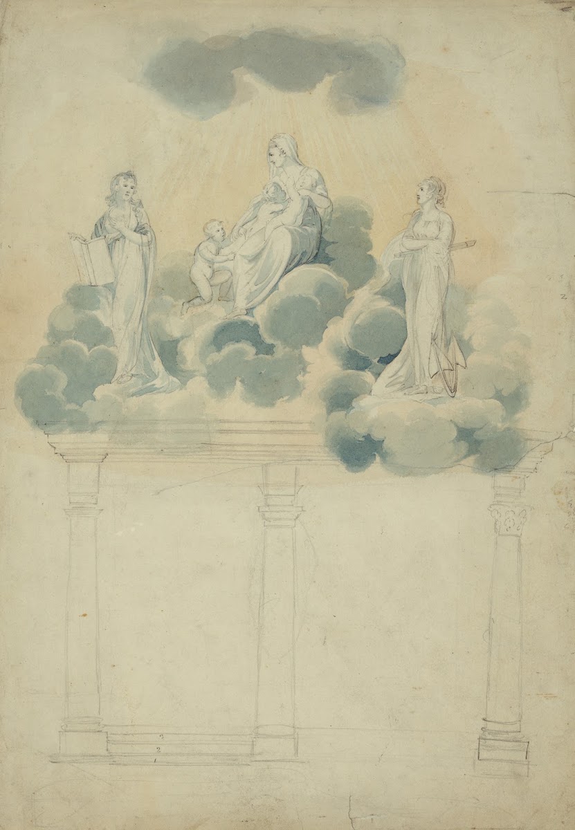 Allegorical scene of female figures in clouds atop columns 1795 1849