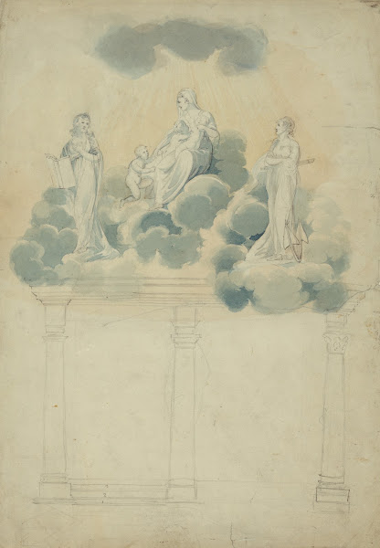 Allegorical scene of female figures in clouds atop columns 1795 1849