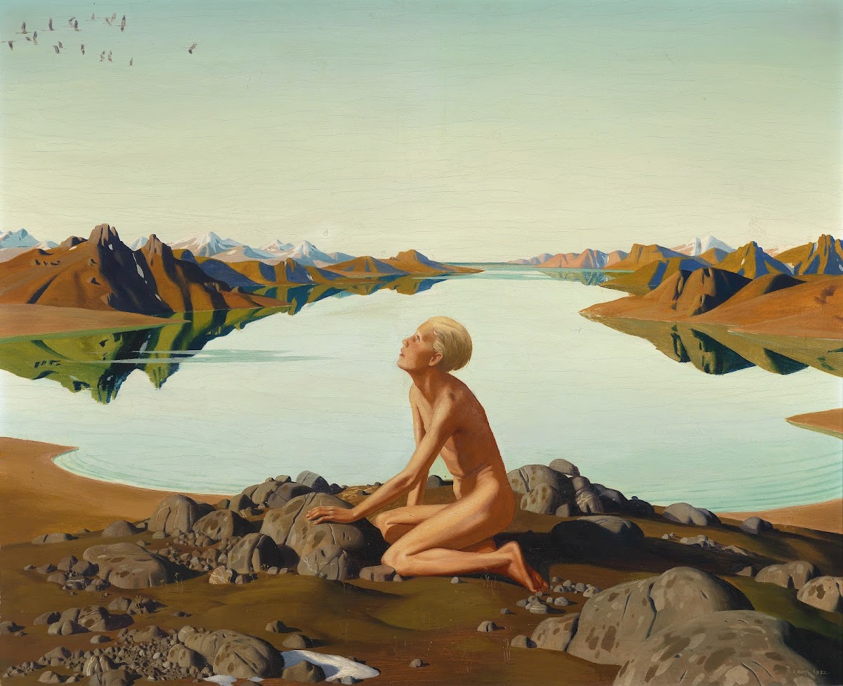 Der Vogelflug Knabe an einem Bergsee 1932