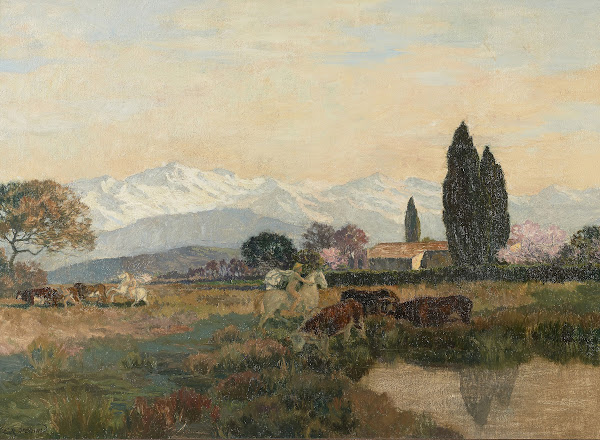 Cavaliers antiques dans un paysage de montagne