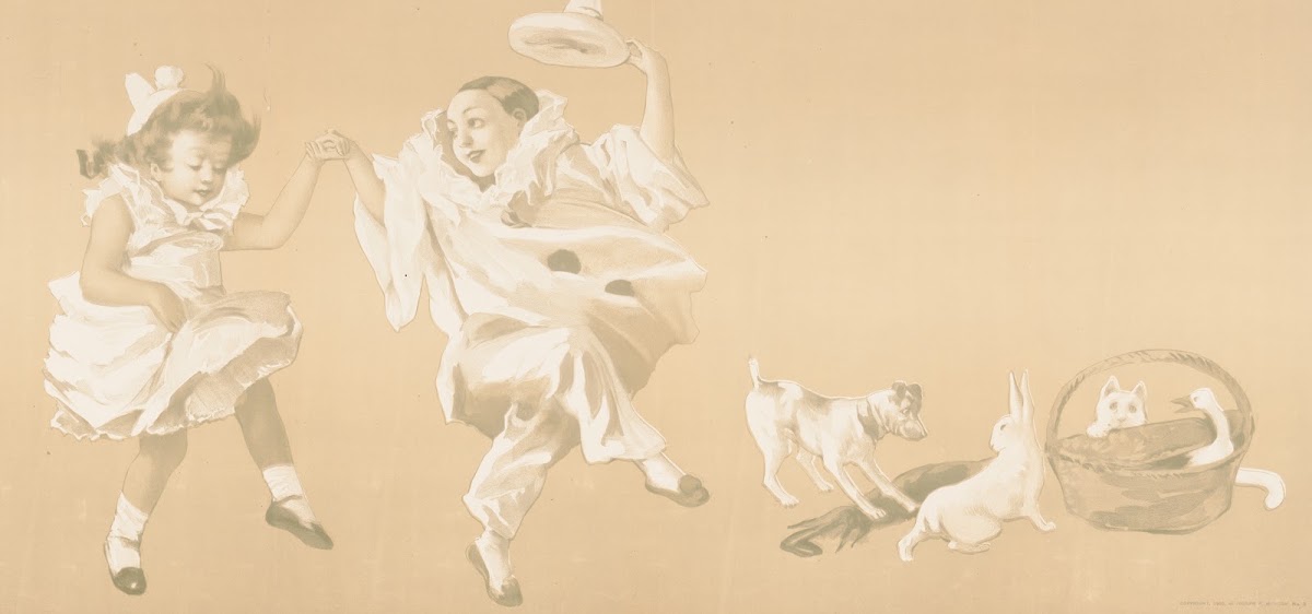 Children playing in clown costume with animals 1905