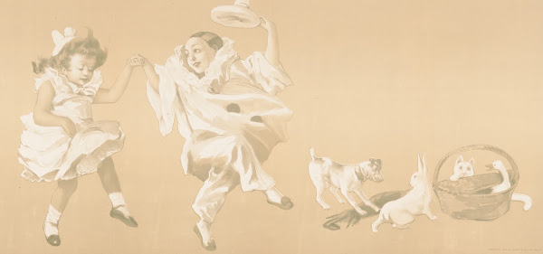 Children playing in clown costume with animals 1905