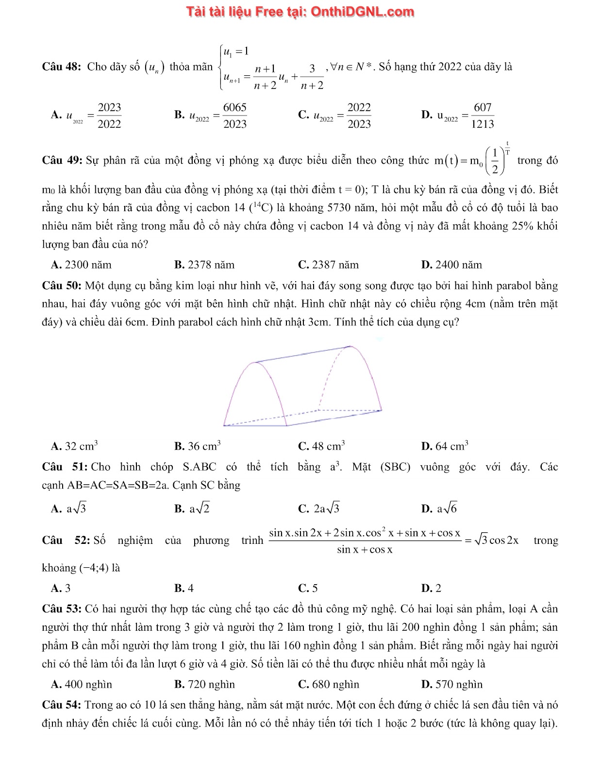 475 bài tập môn Toán - Ôn thi ĐGTD ĐH Bách Khoa Hà Nội Phần 19