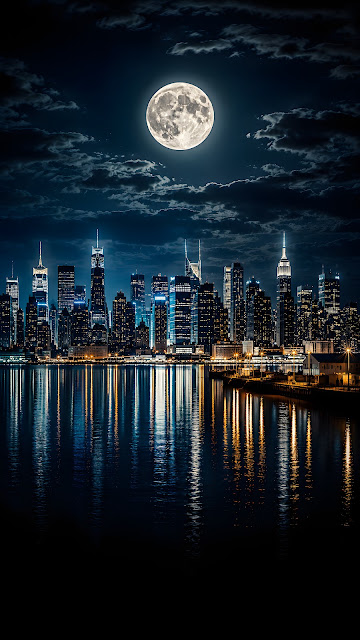 Chicago Skyline Under a Massive Glowing Full Moon Nightscape - Free mobile Wallpaper