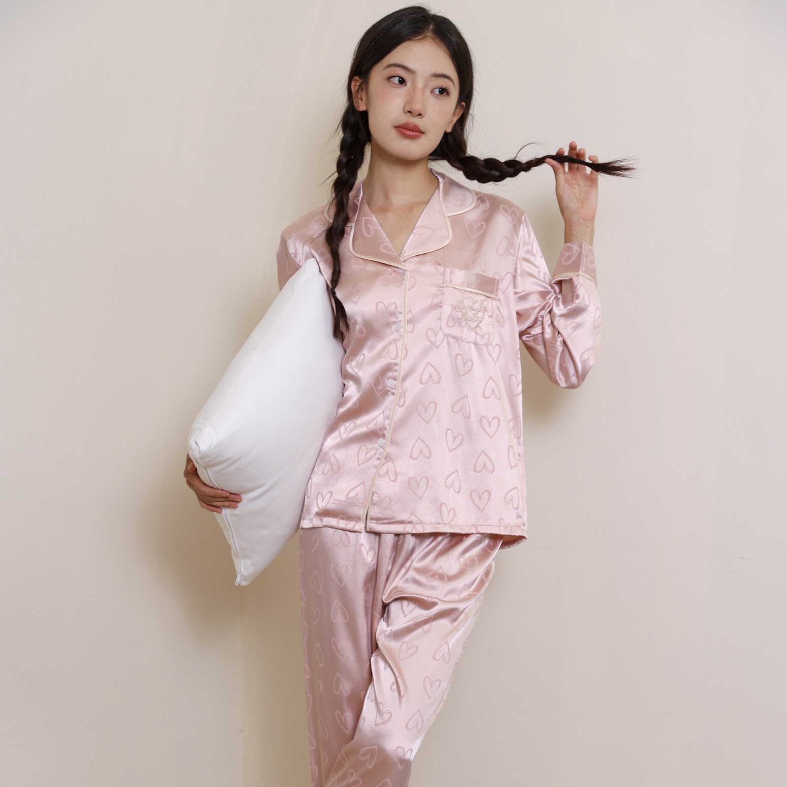 Damen-Pyjama-Set, Eisseide, Langarm, Herzmuster