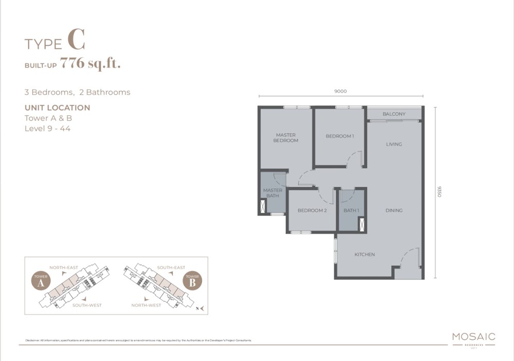 Mosaic Type C floor plan — 776 sq ft, 2 bedrooms