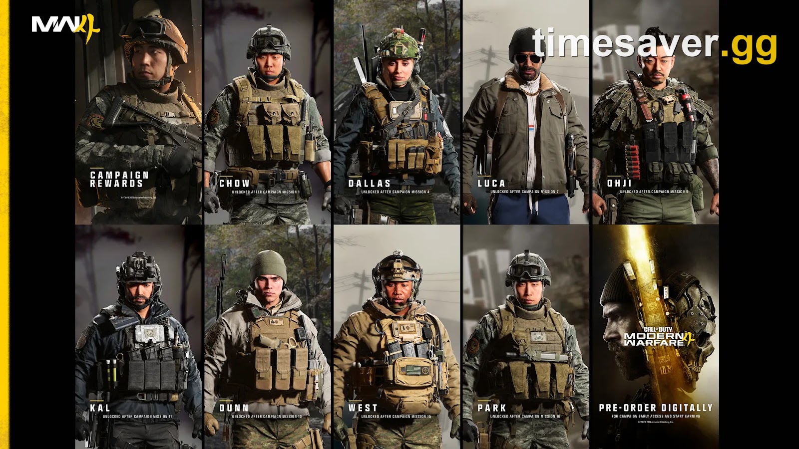 Official Modern Warfare 4 Campaign Rewards graphic from Activision showing operators Chow, Dallas, Luca, Ohji, Kal, Dunn, West and Park with the mission each unlocks after