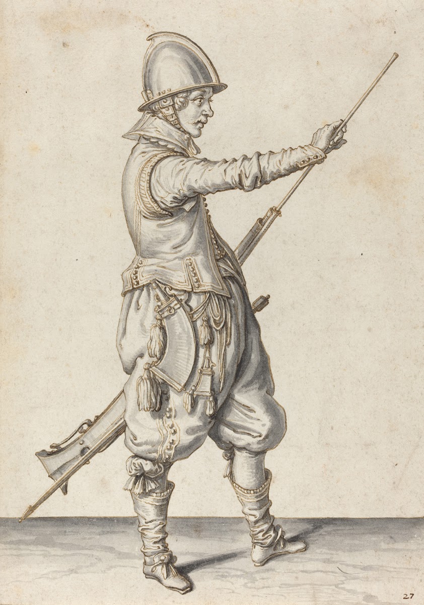 Elegantly Dressed Soldier Tamping His Caliver c 1597