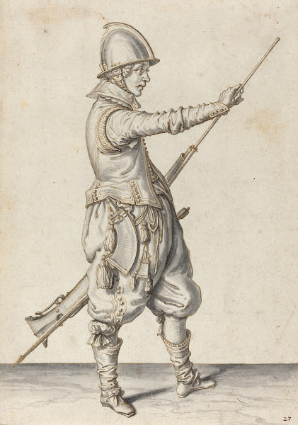 Elegantly Dressed Soldier Tamping His Caliver c 1597