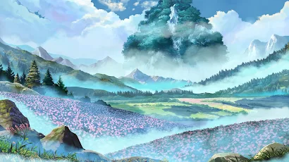 Landscape, Anime, Flowers, Sky, Nature 5K Wallpaper Background