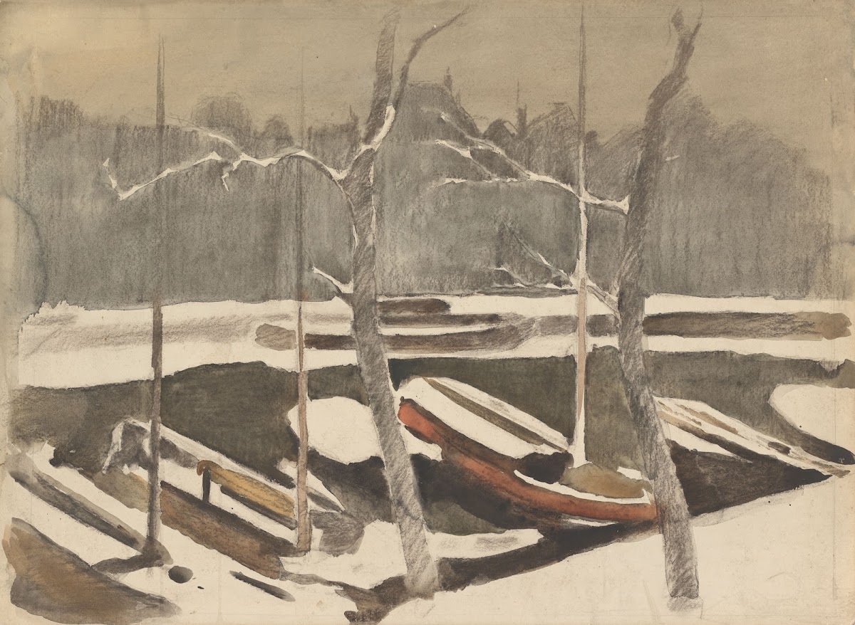 Gemeerde schuiten aan een besneeuwde grach 1870 1923