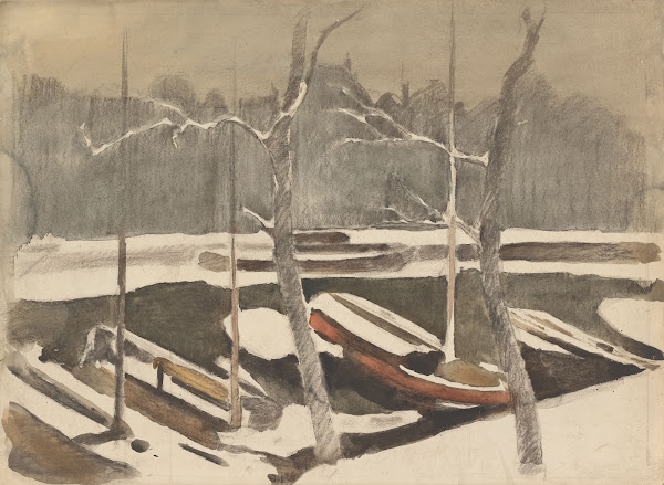 Gemeerde schuiten aan een besneeuwde grach 1870 1923