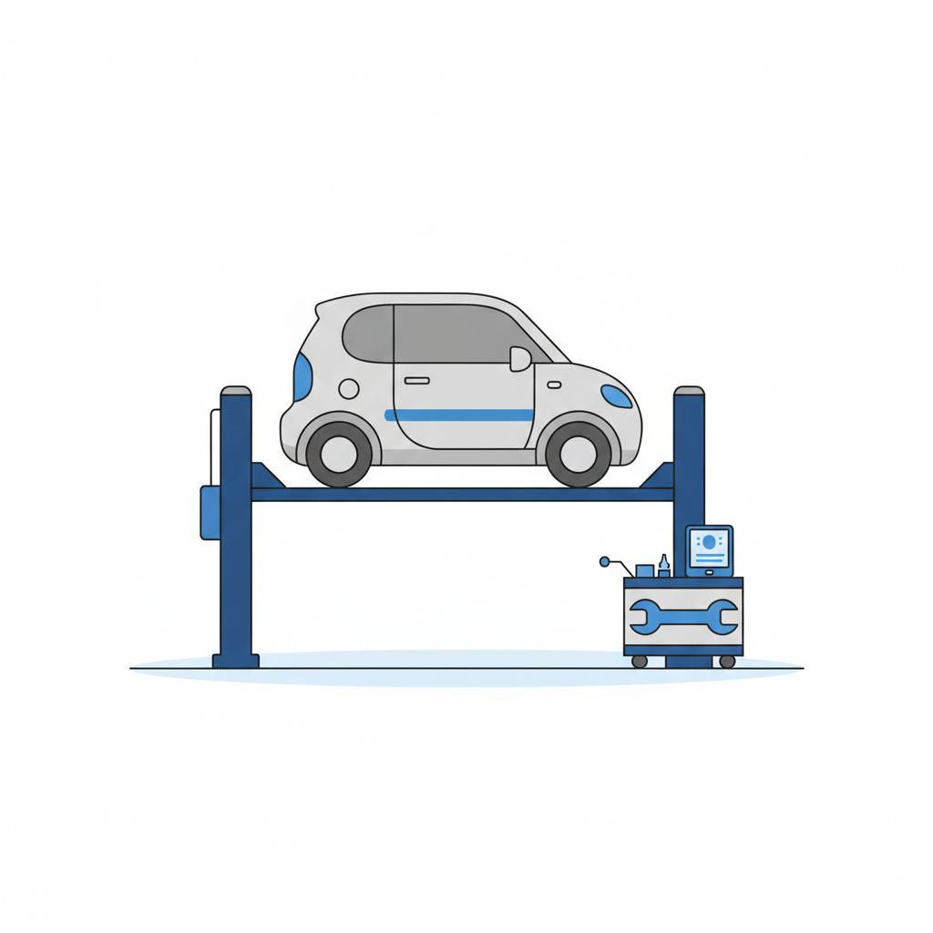 Minimalist 2D vector of a compact car on a hoist in a clean garage with a work cart and tools using white background and 3666ed accents ideal for cheap cars for sale