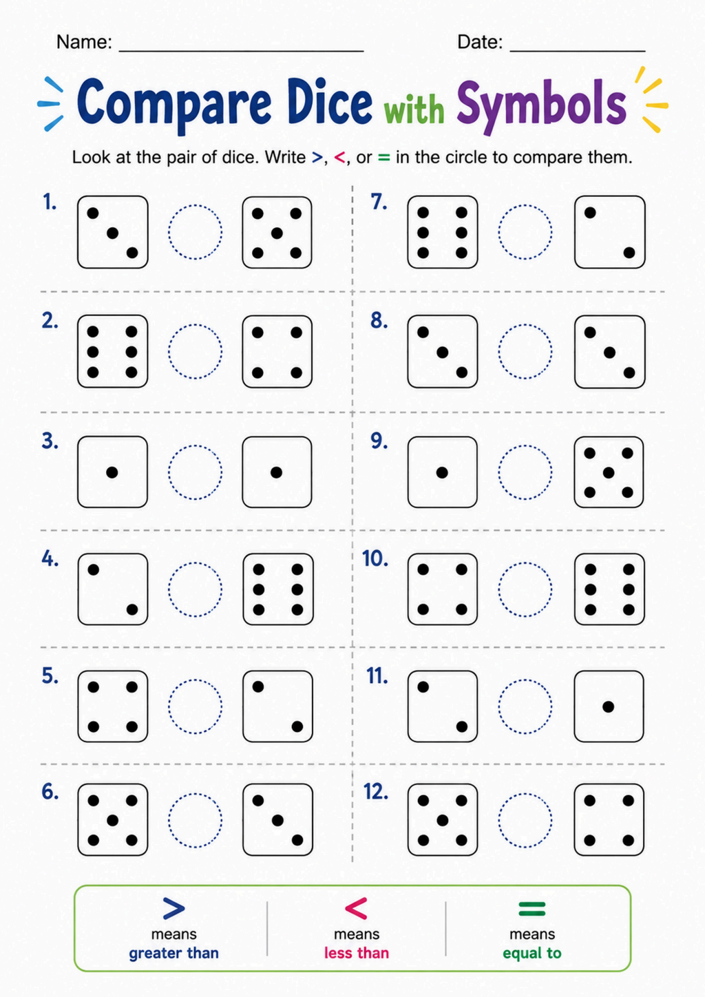 Compare Dice with Symbols Worksheet