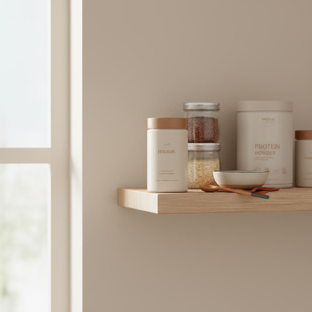 Motus supplement jar on a minimalist kitchen shelf with pantry staples, styled to suggest best weight loss drinks and healthy nutrition