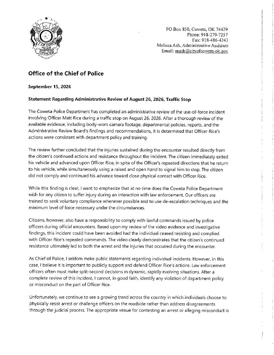 Chief Michael Bell's September 15 statement