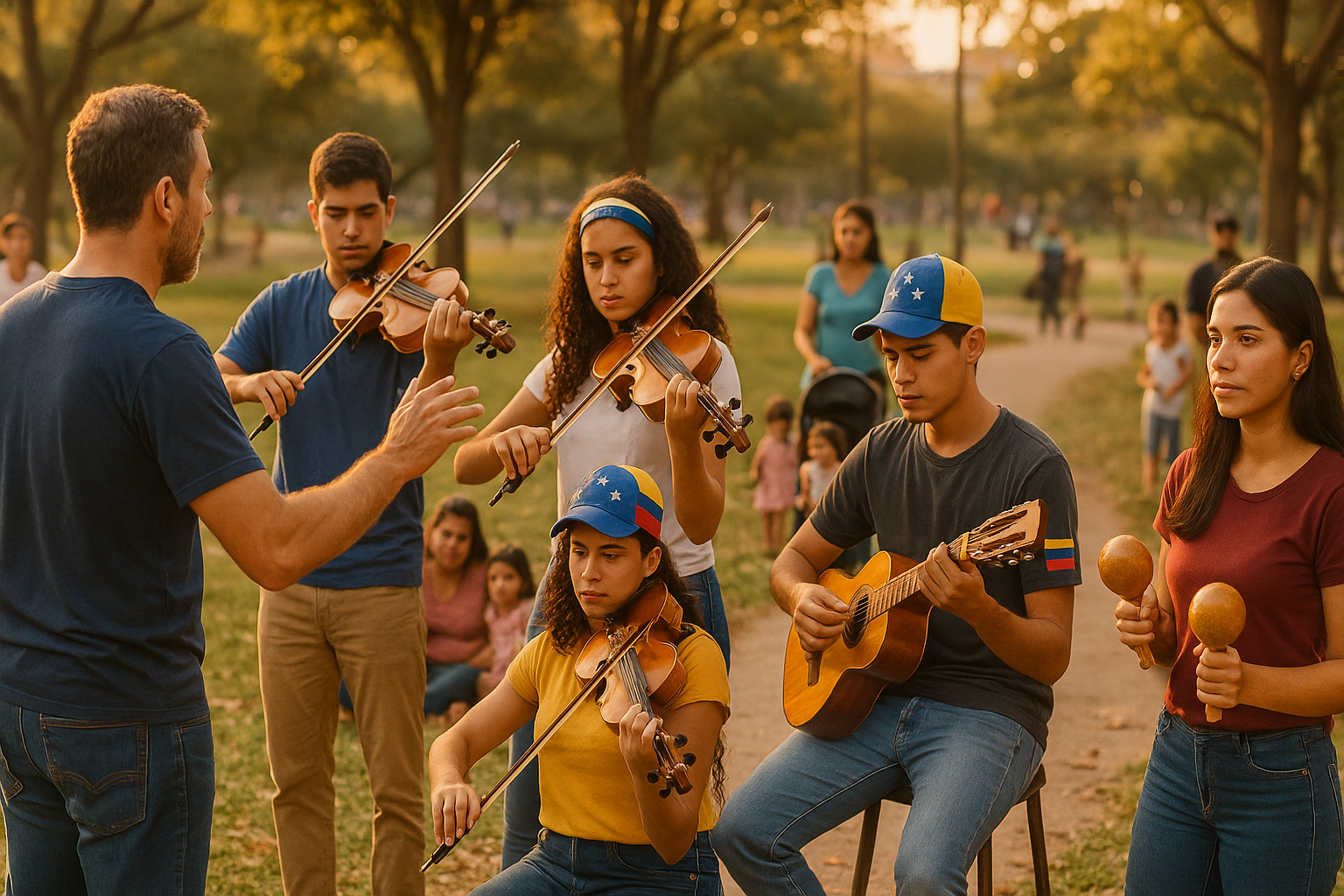 Ensayo de orquesta comunitaria de venezolanos en un parque urbano