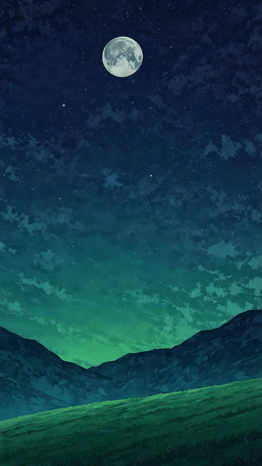 Full Moon and Starry Night Sky Over Grassy Hills - Free 4K mobile Wallpaper