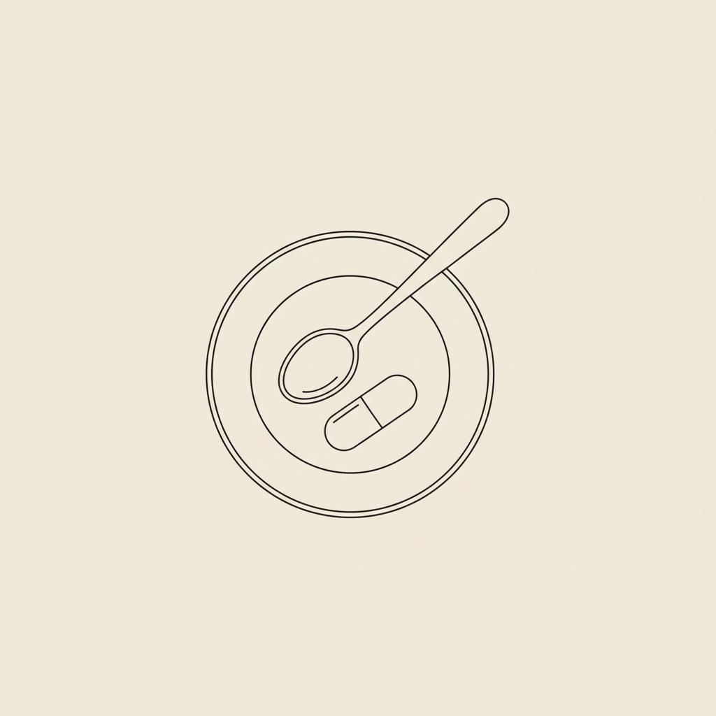 Minimalist 2D vector line illustration of a plate, spoon and capsule on a flat beige background, symbolizing no appetite.